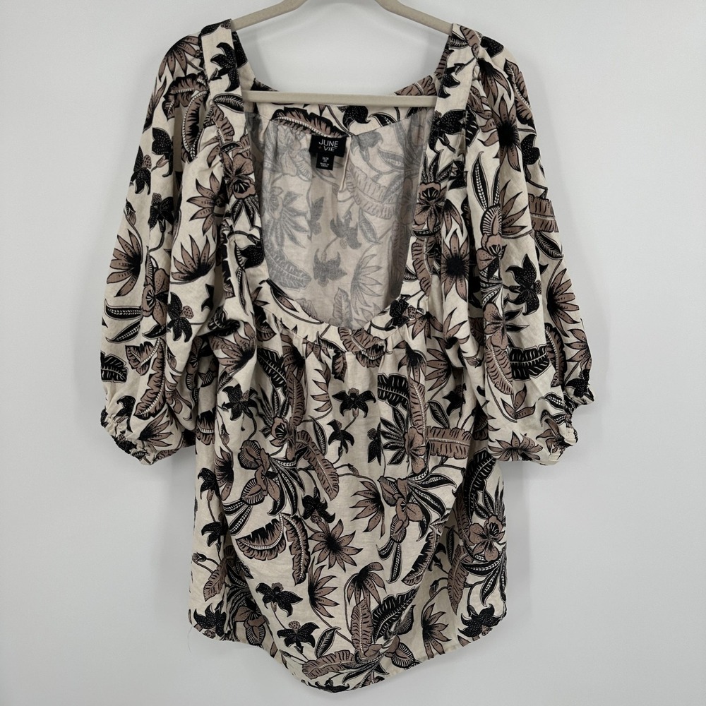 June + Vie Shirt Womens‎ 2X Beige Black Linen Floral Tunic 3/4 Sleeve High Low